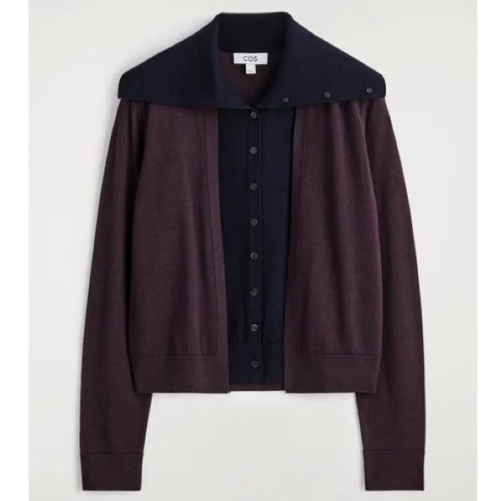 NWT COS Layered Merino Wool High Neck Cardigan Burgundy Purple Navy Size Small